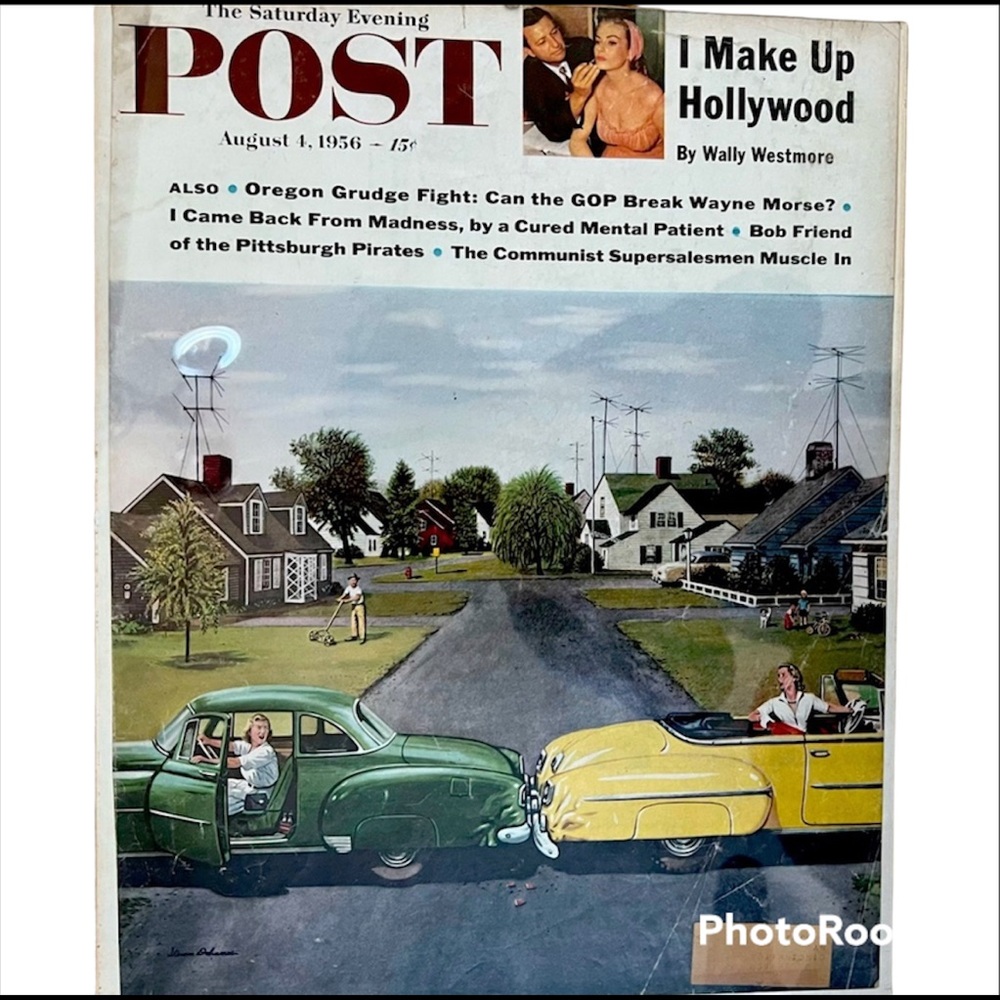 Vintage Cars Saturday Evening Post Magazine Cover Women 50’s  Make Up Cold War
